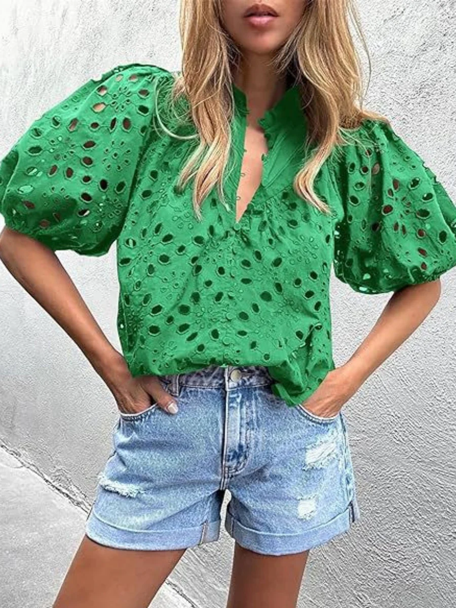 V-neck Buttons Hollow Lace Embroidery Shirts - Image 6