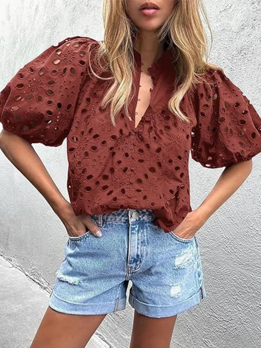 V-neck Buttons Hollow Lace Embroidery Shirts - Image 7