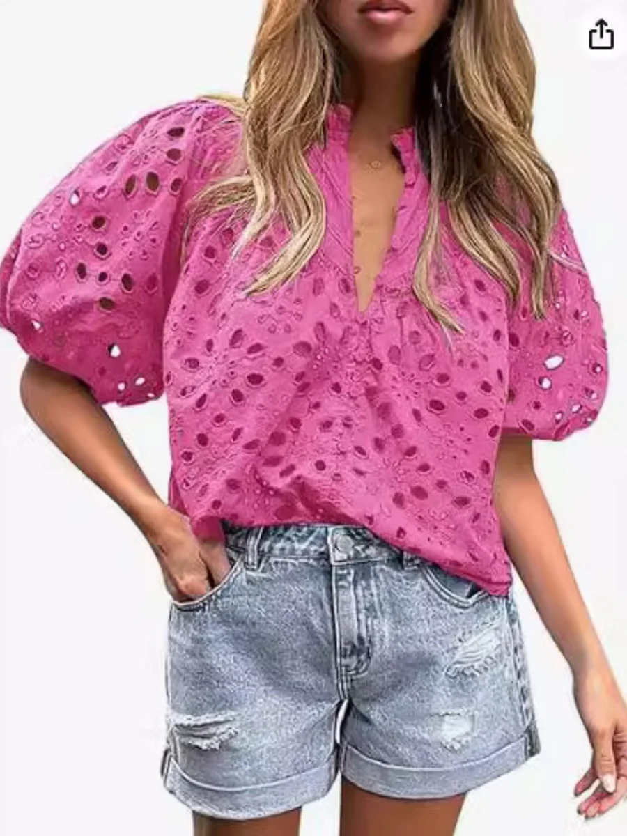 V-neck Buttons Hollow Lace Embroidery Shirts - Image 8