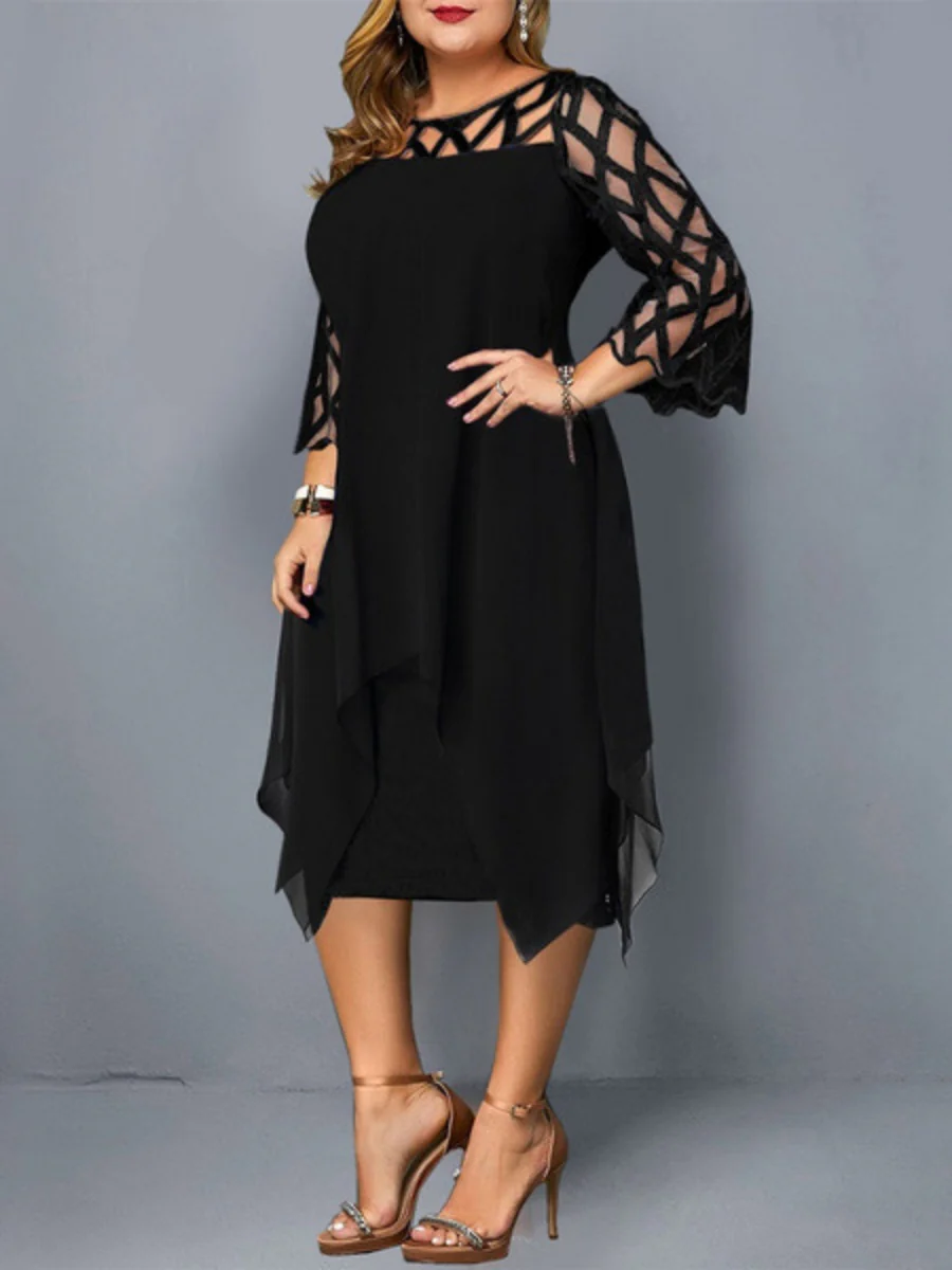 Geometry Splicing Three-quarter Sleeves Irregular Hem Chiffon Midi Dresses - Image 2