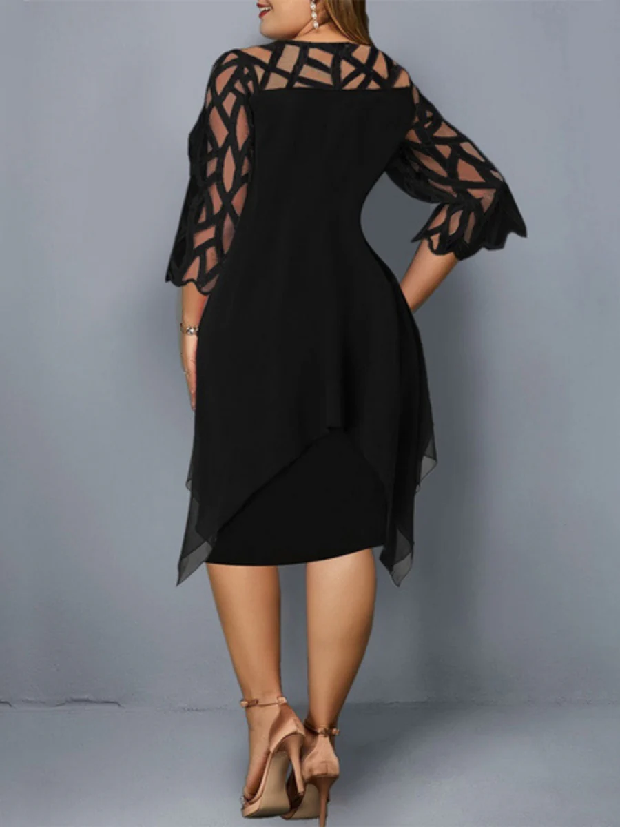 Geometry Splicing Three-quarter Sleeves Irregular Hem Chiffon Midi Dresses - Image 3