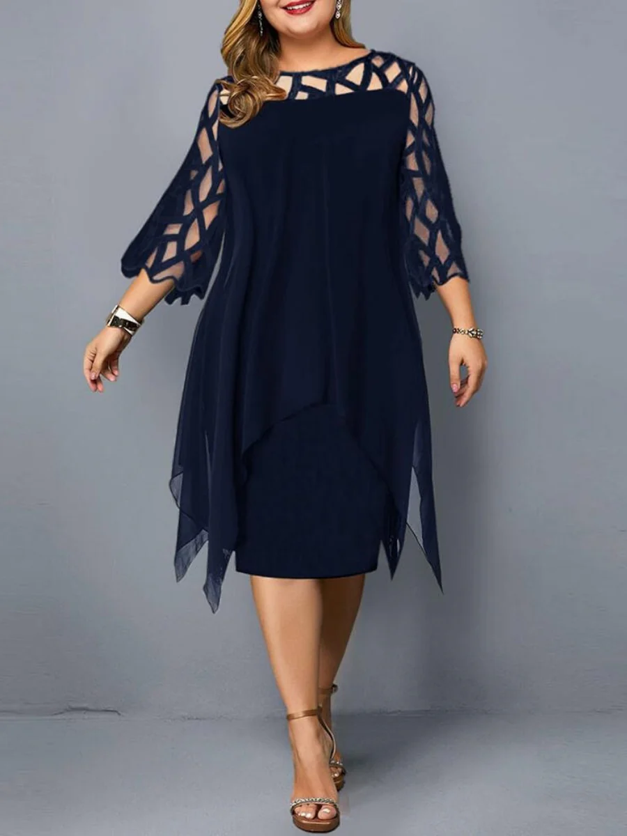 Geometry Splicing Three-quarter Sleeves Irregular Hem Chiffon Midi Dresses - Image 4