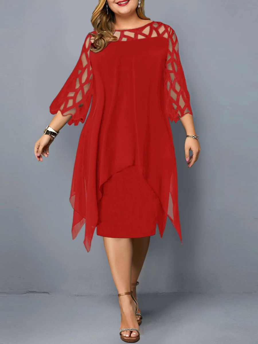 Geometry Splicing Three-quarter Sleeves Irregular Hem Chiffon Midi Dresses - Image 5