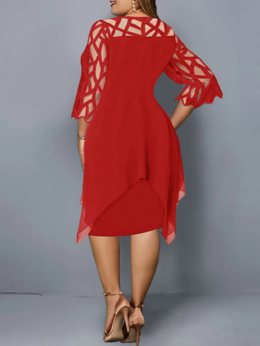 Geometry Splicing Three-quarter Sleeves Irregular Hem Chiffon Midi Dresses - Image 6