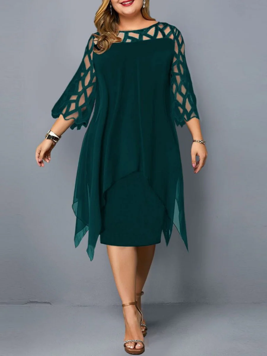 Geometry Splicing Three-quarter Sleeves Irregular Hem Chiffon Midi Dresses - Image 7