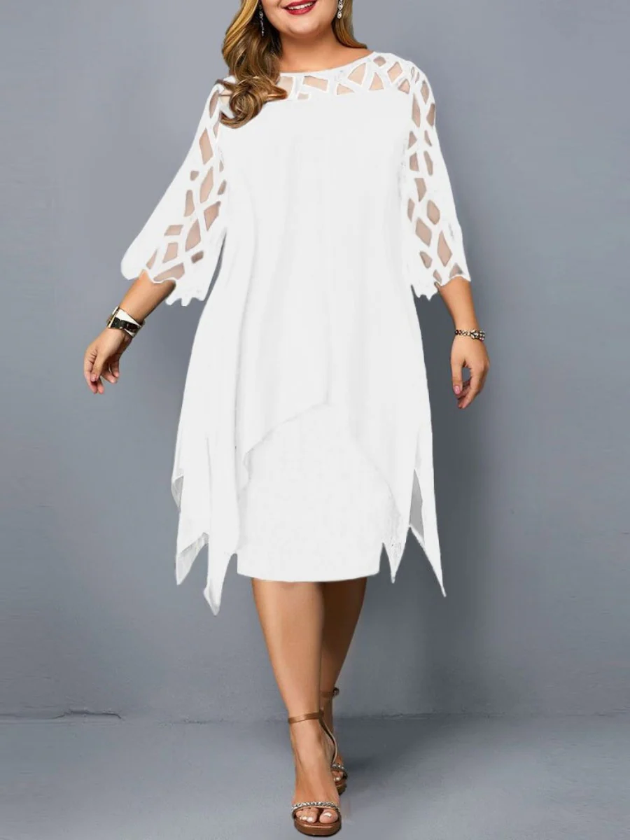 Geometry Splicing Three-quarter Sleeves Irregular Hem Chiffon Midi Dresses - Image 8