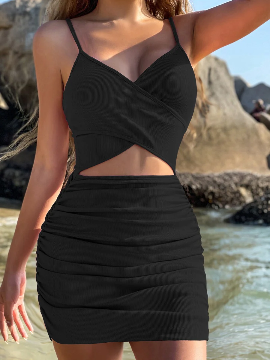 Ribbed Cross Strap Hollow-Out Short Dress - Image 18