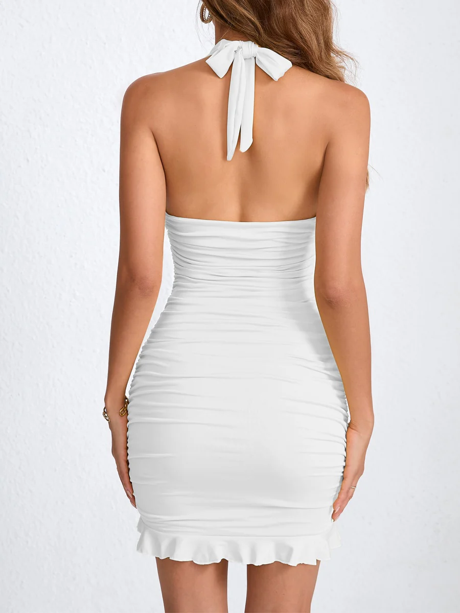 Halter Neck Pleated Bodycon Short Dress With Ruffles - Image 11