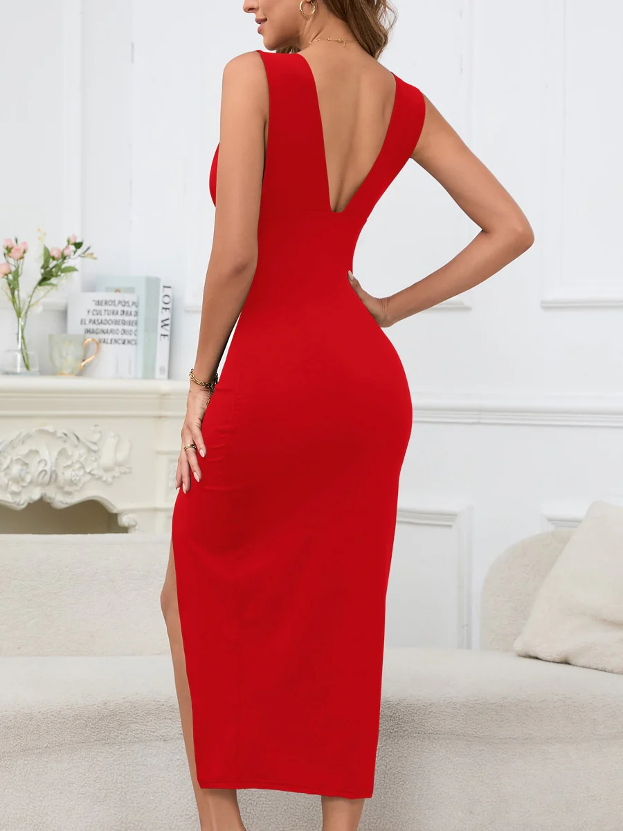 V-neck High-slit Solid Color Midi Dress - Image 18