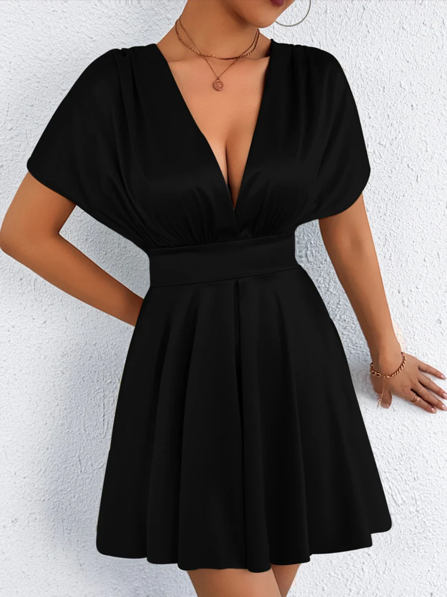 V-neck, Fitted Waist, Zippered, Glossy Short Dress - Image 15