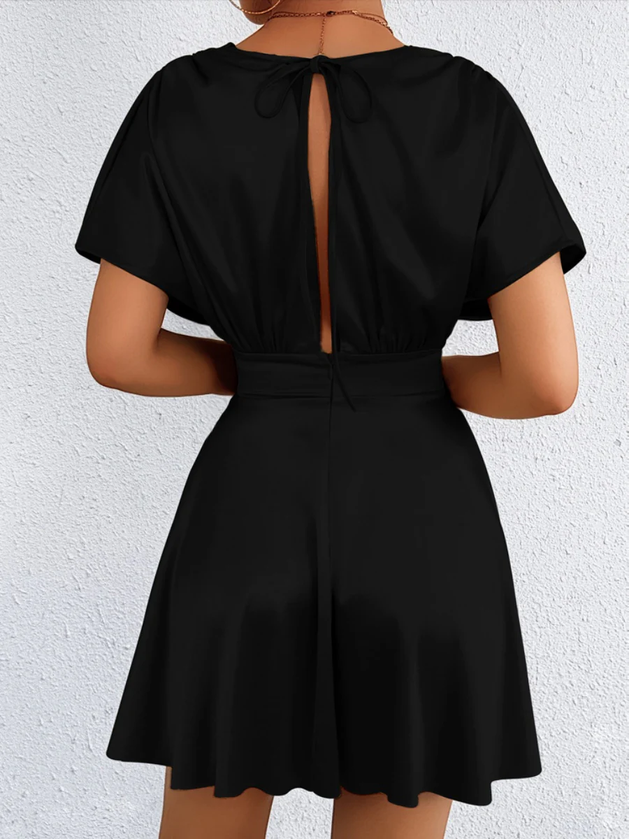V-neck, Fitted Waist, Zippered, Glossy Short Dress - Image 17