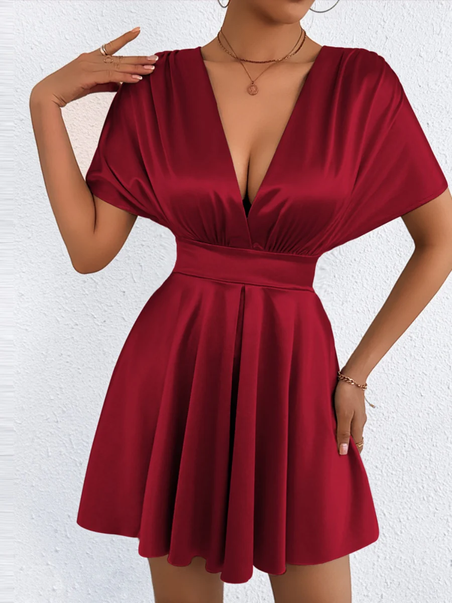 V-neck, Fitted Waist, Zippered, Glossy Short Dress - Image 20