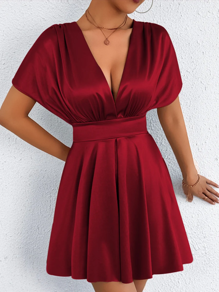 V-neck, Fitted Waist, Zippered, Glossy Short Dress - Image 22
