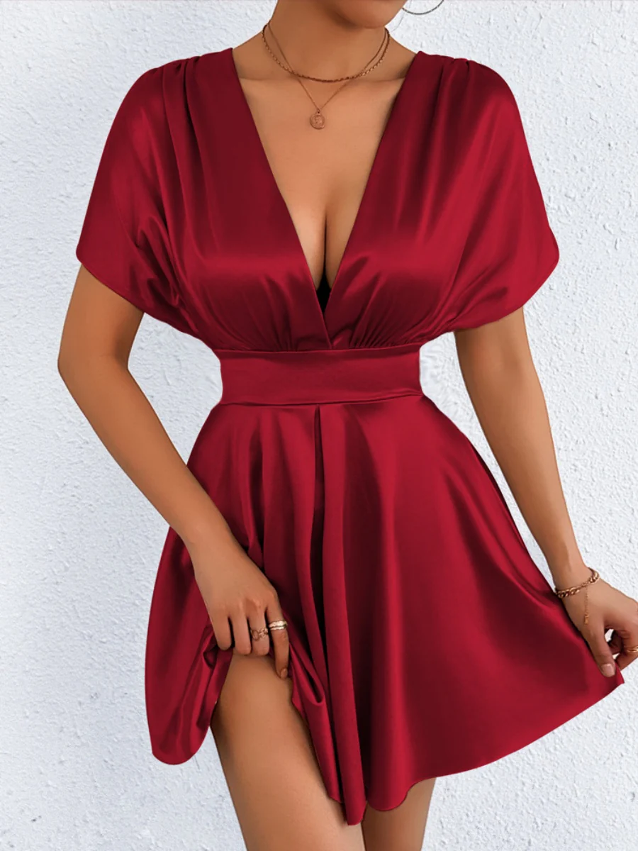 V-neck, Fitted Waist, Zippered, Glossy Short Dress - Image 23