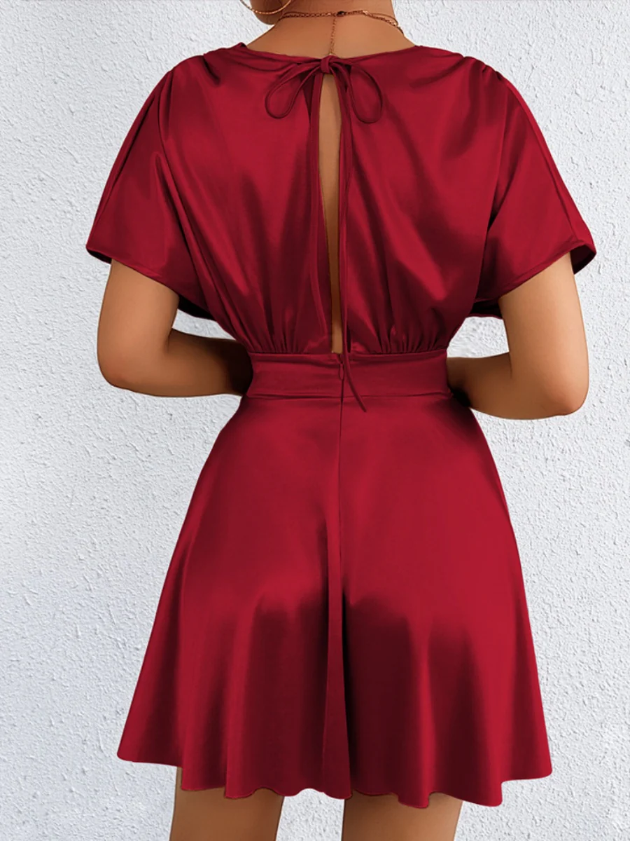 V-neck, Fitted Waist, Zippered, Glossy Short Dress - Image 24