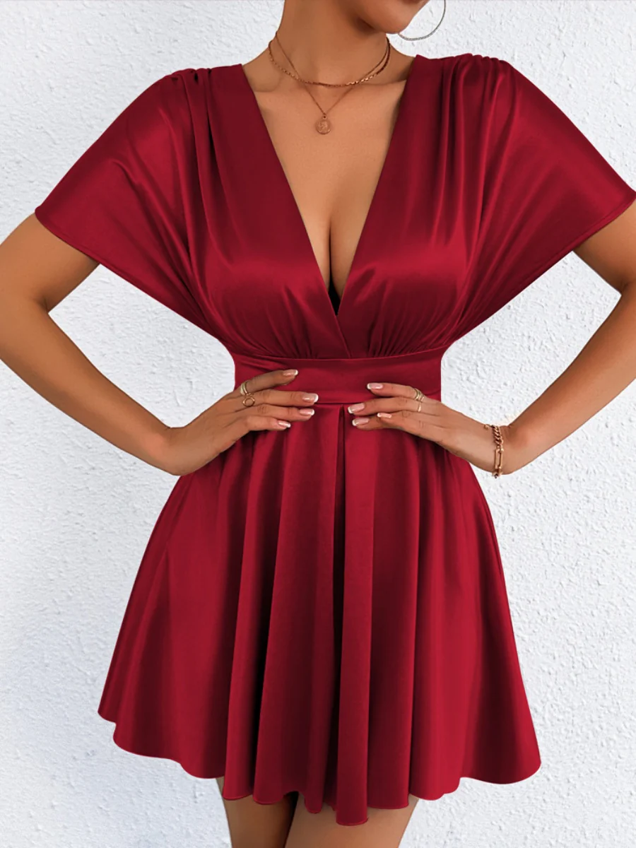V-neck, Fitted Waist, Zippered, Glossy Short Dress - Image 25