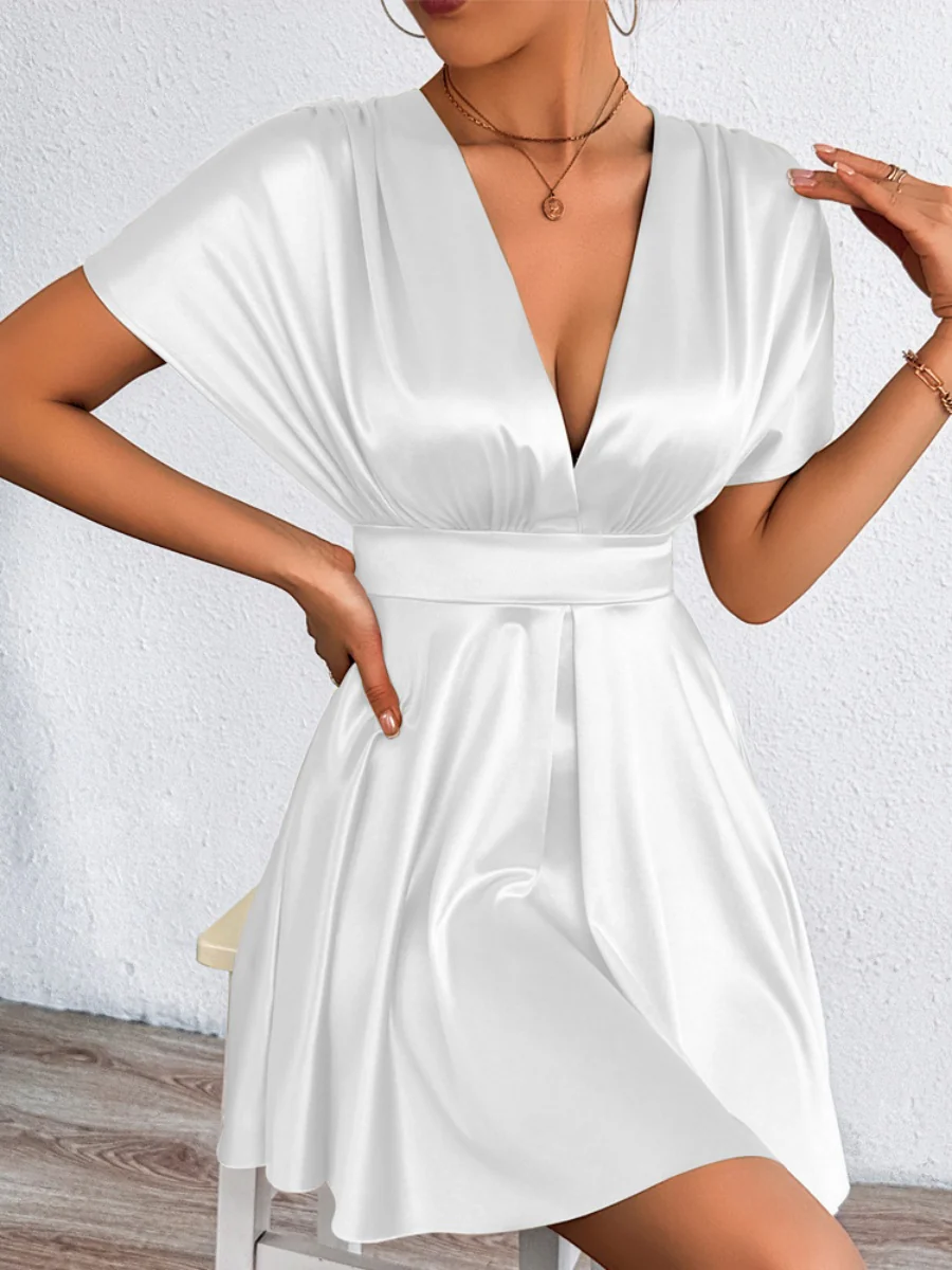 V-neck, Fitted Waist, Zippered, Glossy Short Dress - Image 27