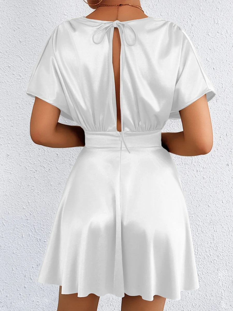 V-neck, Fitted Waist, Zippered, Glossy Short Dress - Image 29