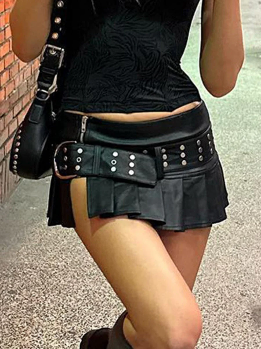 PU Leather Riveted And Stitched Belt With Slits And Pleats Skirts - Image 4
