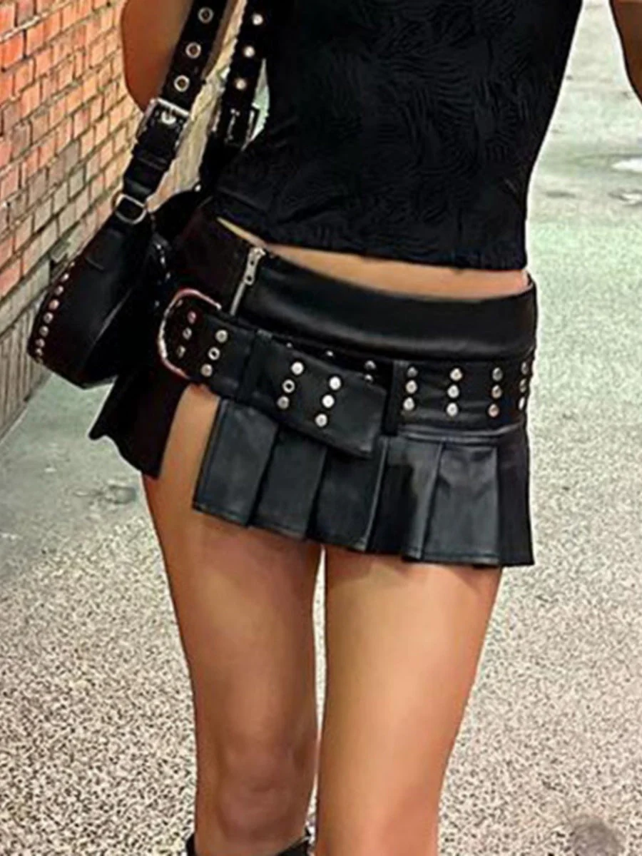 PU Leather Riveted And Stitched Belt With Slits And Pleats Skirts - Image 5