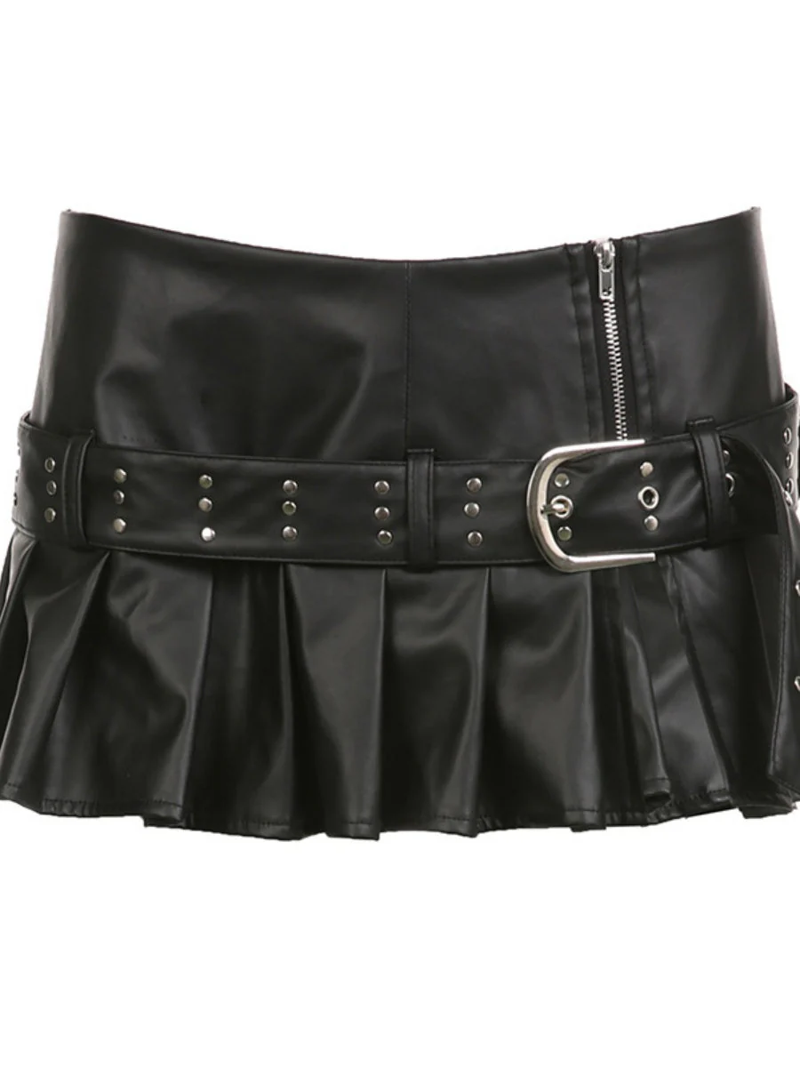 PU Leather Riveted And Stitched Belt With Slits And Pleats Skirts - Image 6
