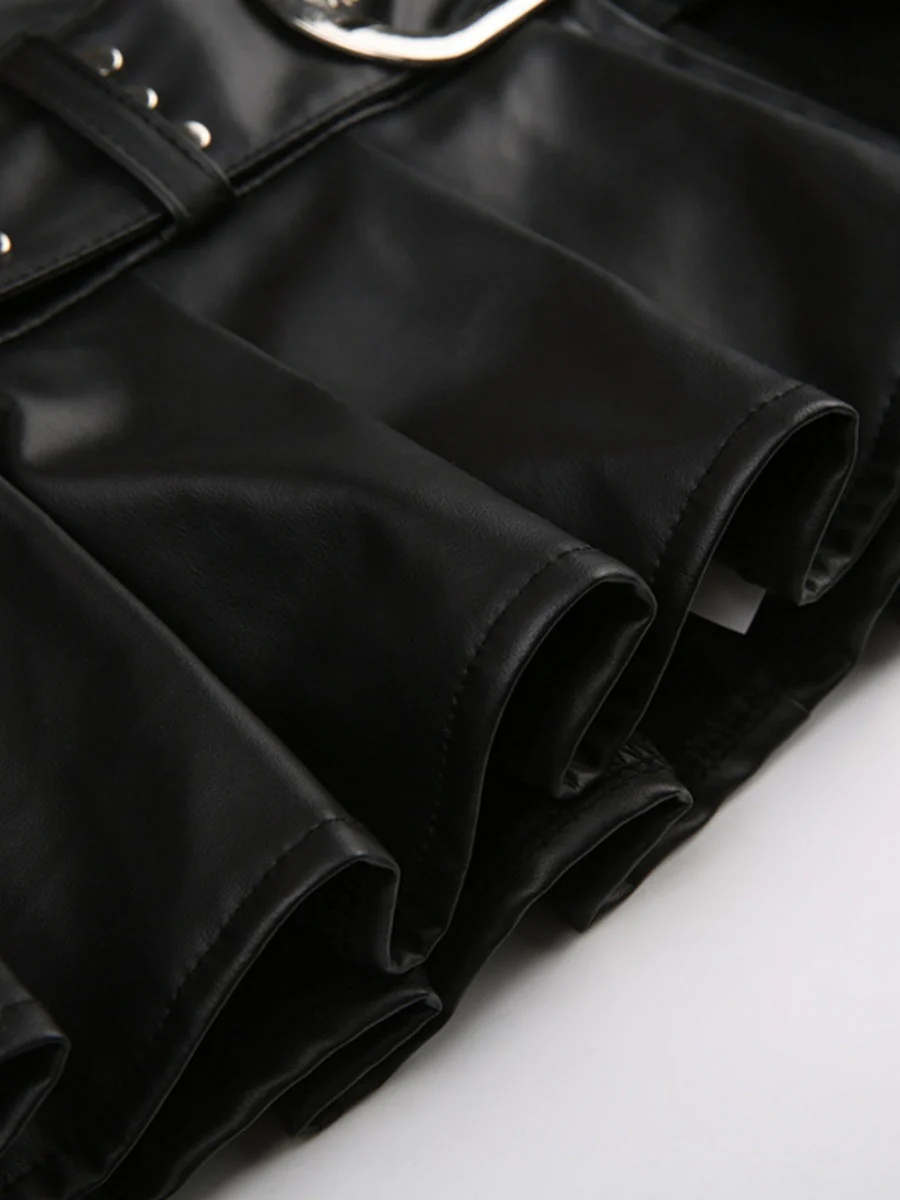 PU Leather Riveted And Stitched Belt With Slits And Pleats Skirts - Image 8
