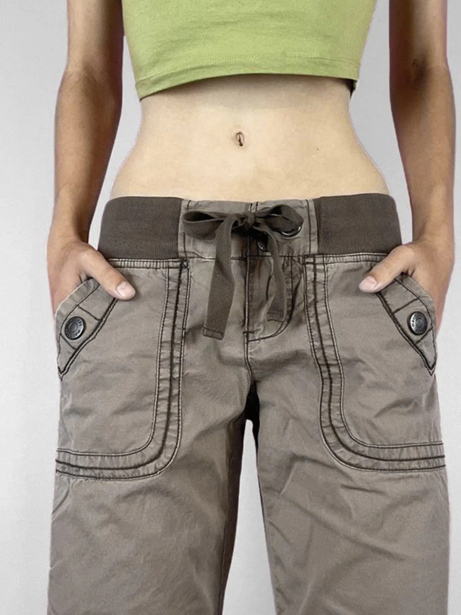 Retro Pocket Color-blocked Ribbed Low-rise Jeans - Image 5