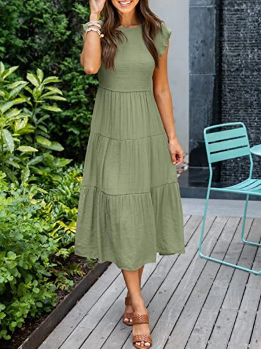 Solid Color Ruched Layered Short-sleeved Maxi Dress