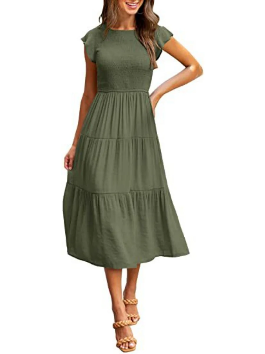 Solid Color Ruched Layered Short-sleeved Maxi Dress - Image 10