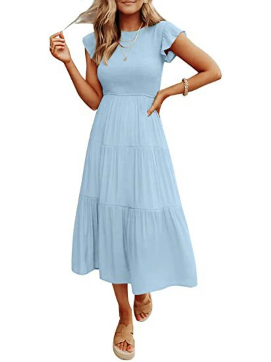 Solid Color Ruched Layered Short-sleeved Maxi Dress - Image 11