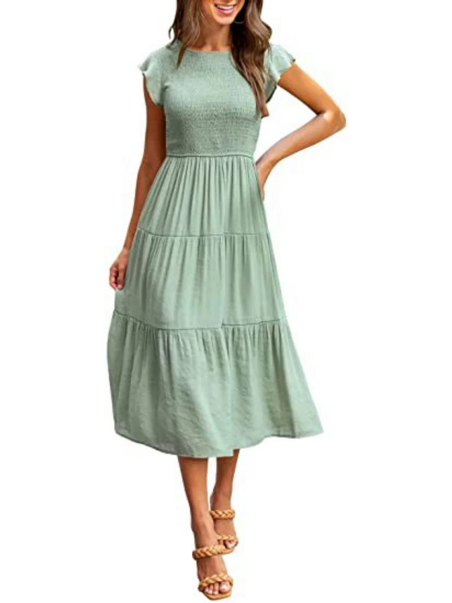 Solid Color Ruched Layered Short-sleeved Maxi Dress - Image 12