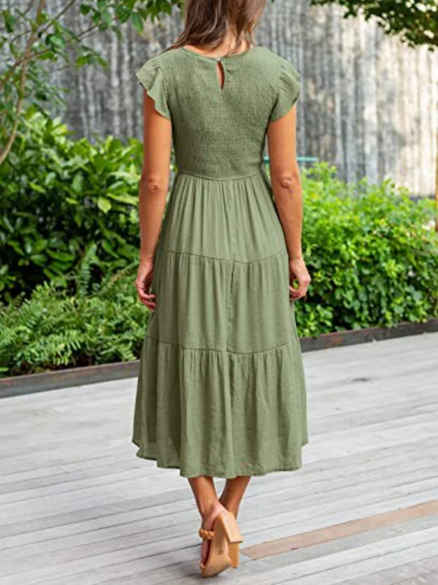 Solid Color Ruched Layered Short-sleeved Maxi Dress - Image 2