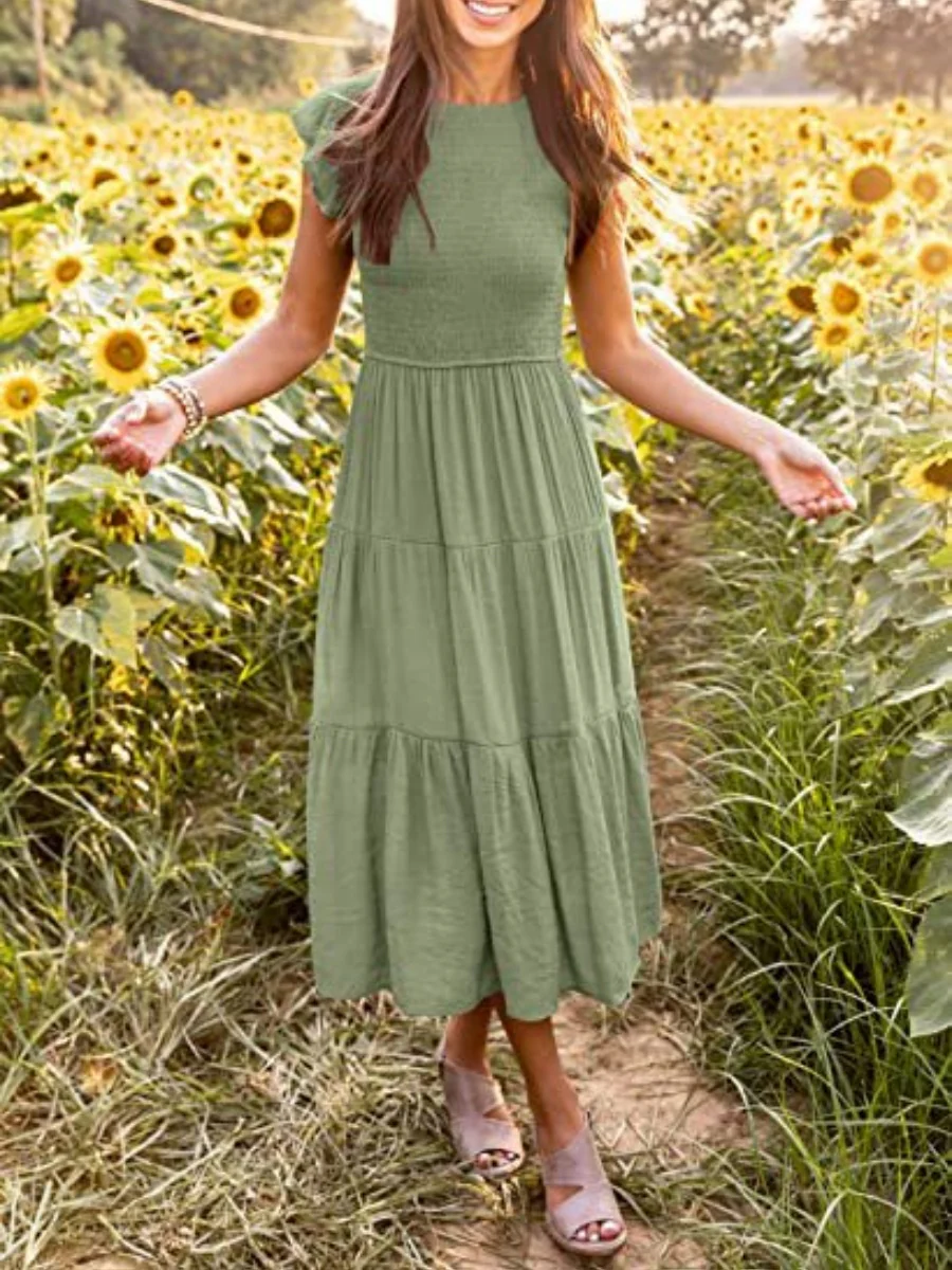 Solid Color Ruched Layered Short-sleeved Maxi Dress - Image 4