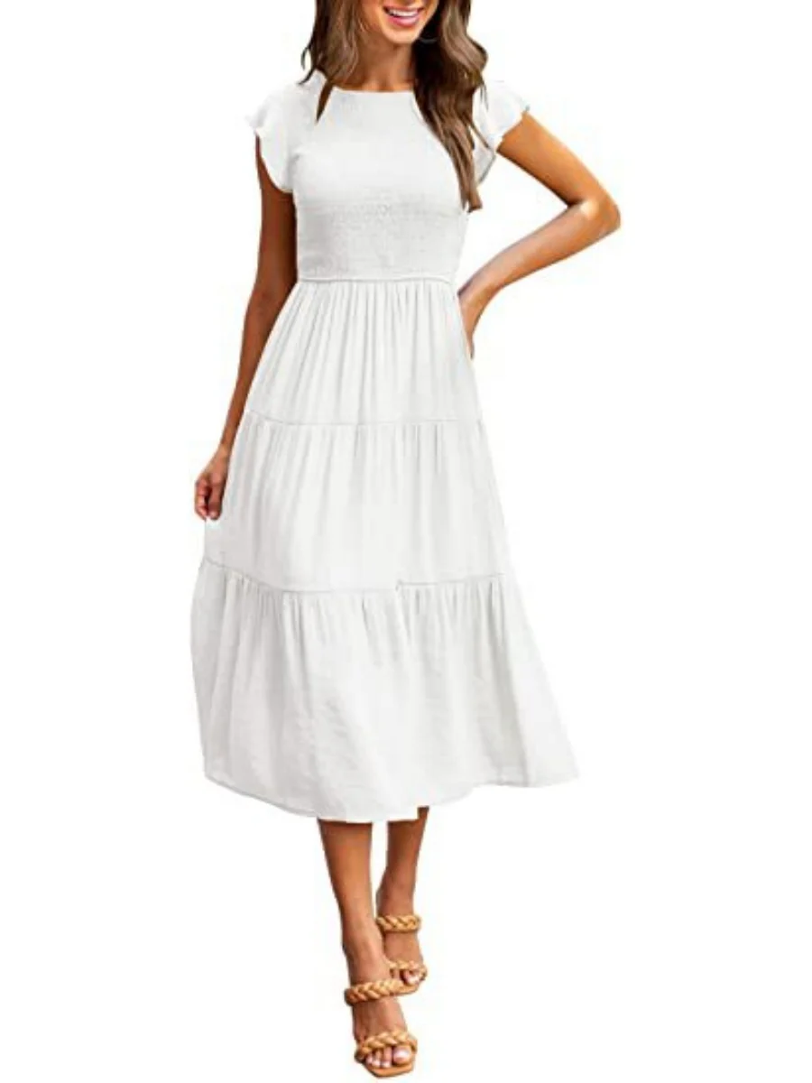 Solid Color Ruched Layered Short-sleeved Maxi Dress - Image 5