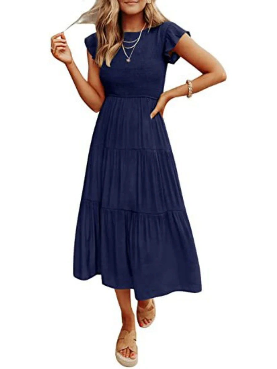Solid Color Ruched Layered Short-sleeved Maxi Dress - Image 6
