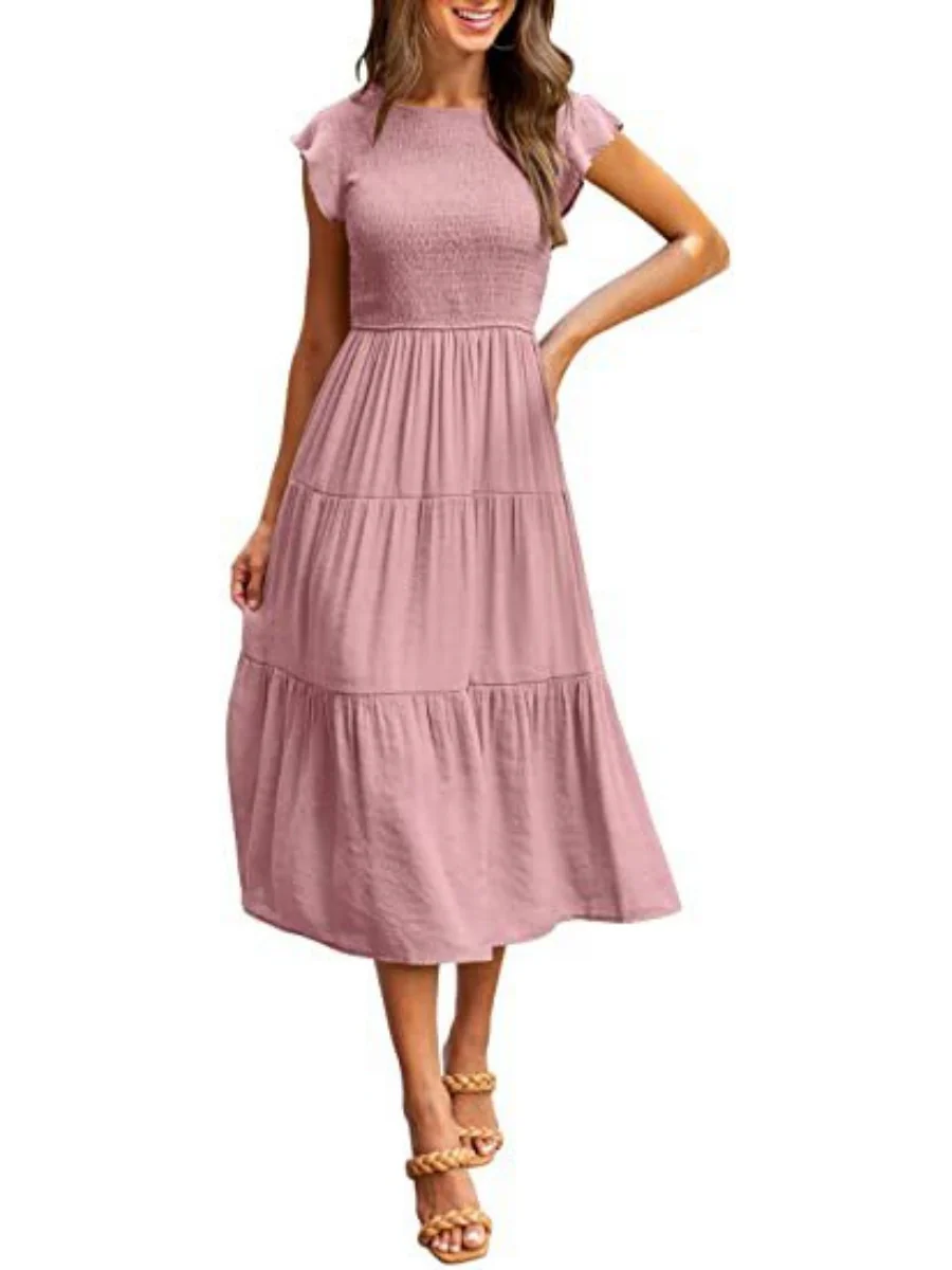 Solid Color Ruched Layered Short-sleeved Maxi Dress - Image 7