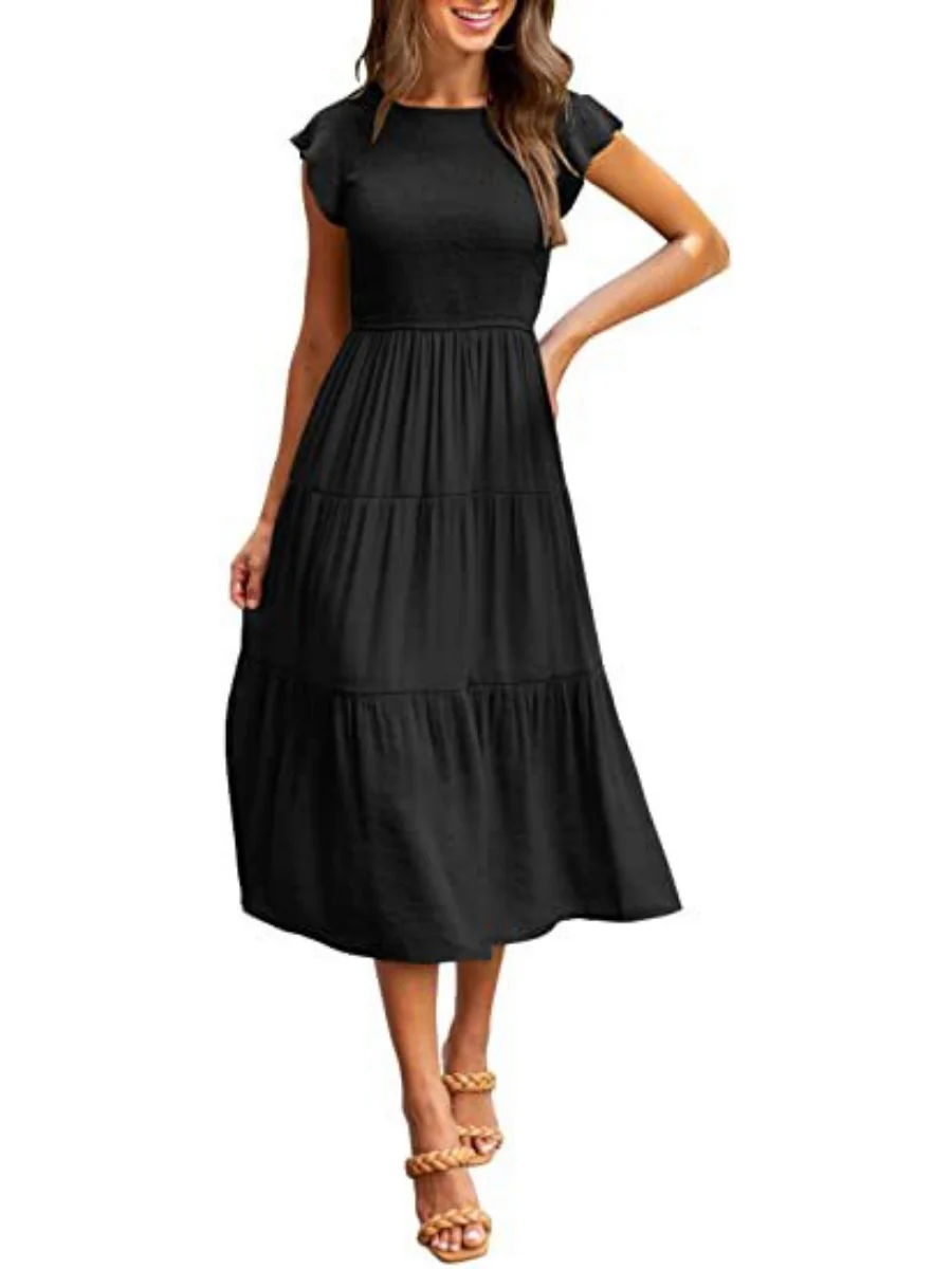 Solid Color Ruched Layered Short-sleeved Maxi Dress - Image 8