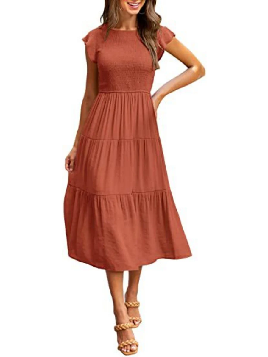 Solid Color Ruched Layered Short-sleeved Maxi Dress - Image 9