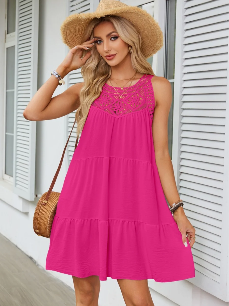 A-line Short Dress With Hollowed-out Lace Trim And Halter Neck - Image 10