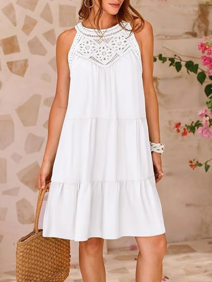 A-line Short Dress With Hollowed-out Lace Trim And Halter Neck - Image 3