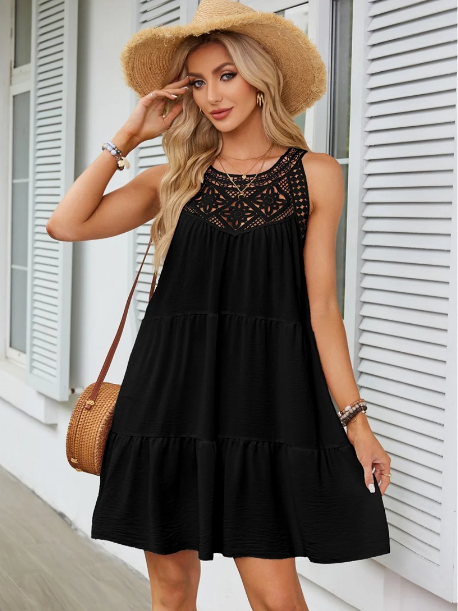 A-line Short Dress With Hollowed-out Lace Trim And Halter Neck - Image 6