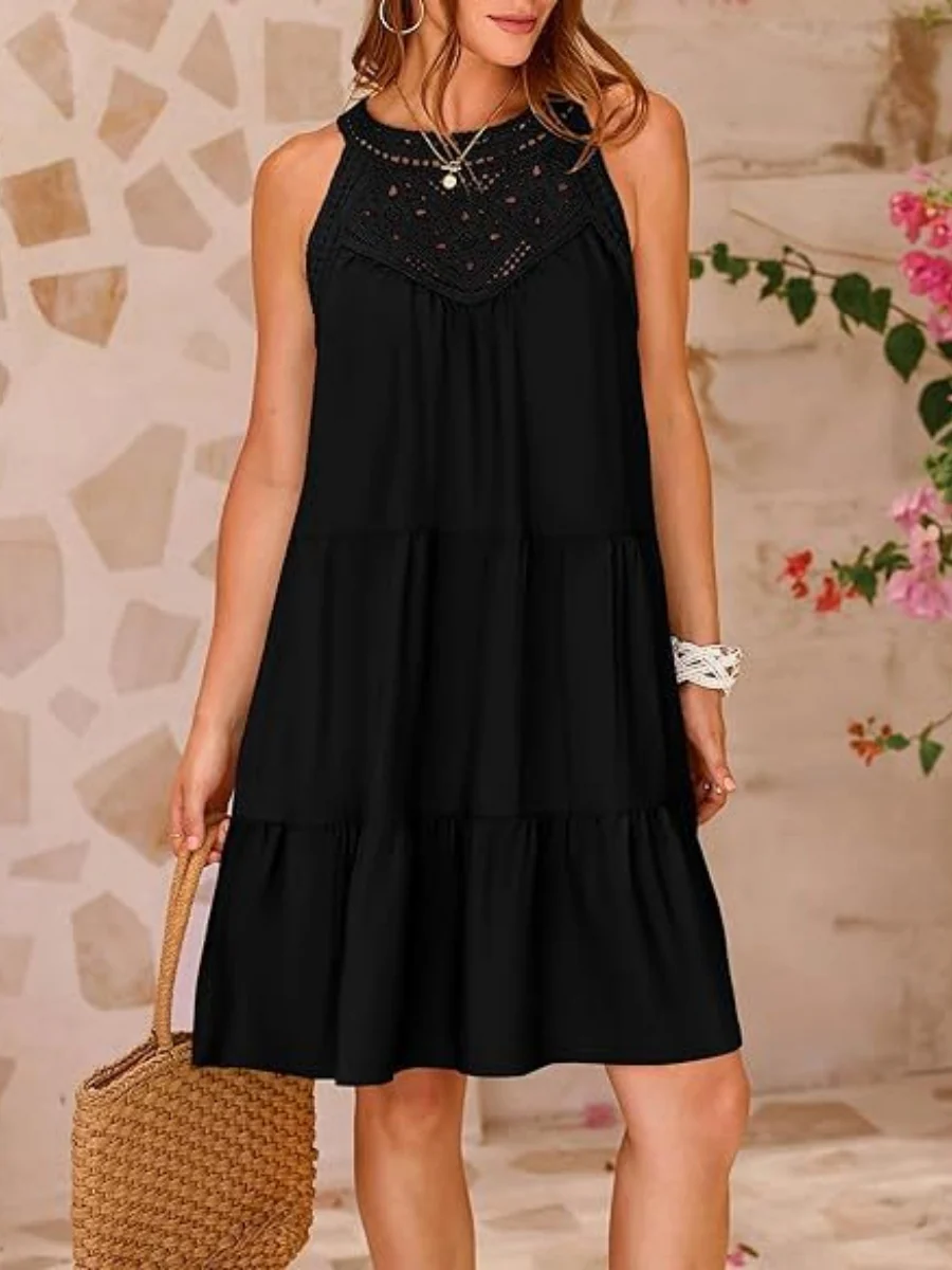 A-line Short Dress With Hollowed-out Lace Trim And Halter Neck - Image 7