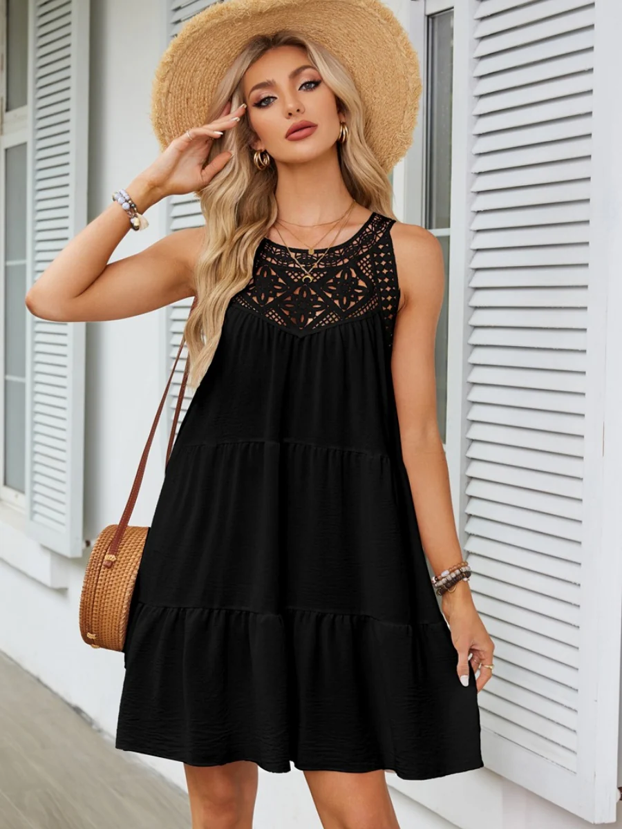 A-line Short Dress With Hollowed-out Lace Trim And Halter Neck - Image 8
