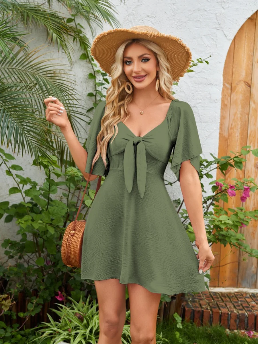 V-neck Bow Tie Short-sleeved Mini Dress - Image 10