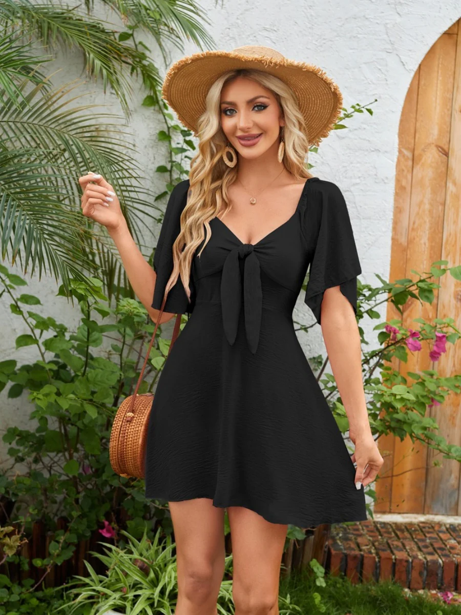 V-neck Bow Tie Short-sleeved Mini Dress - Image 4
