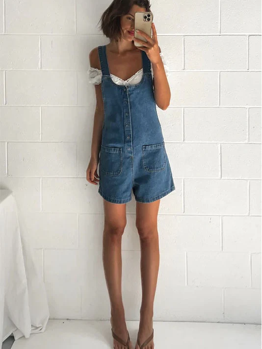 Straight-leg Denim Overalls Shorts - Image 17