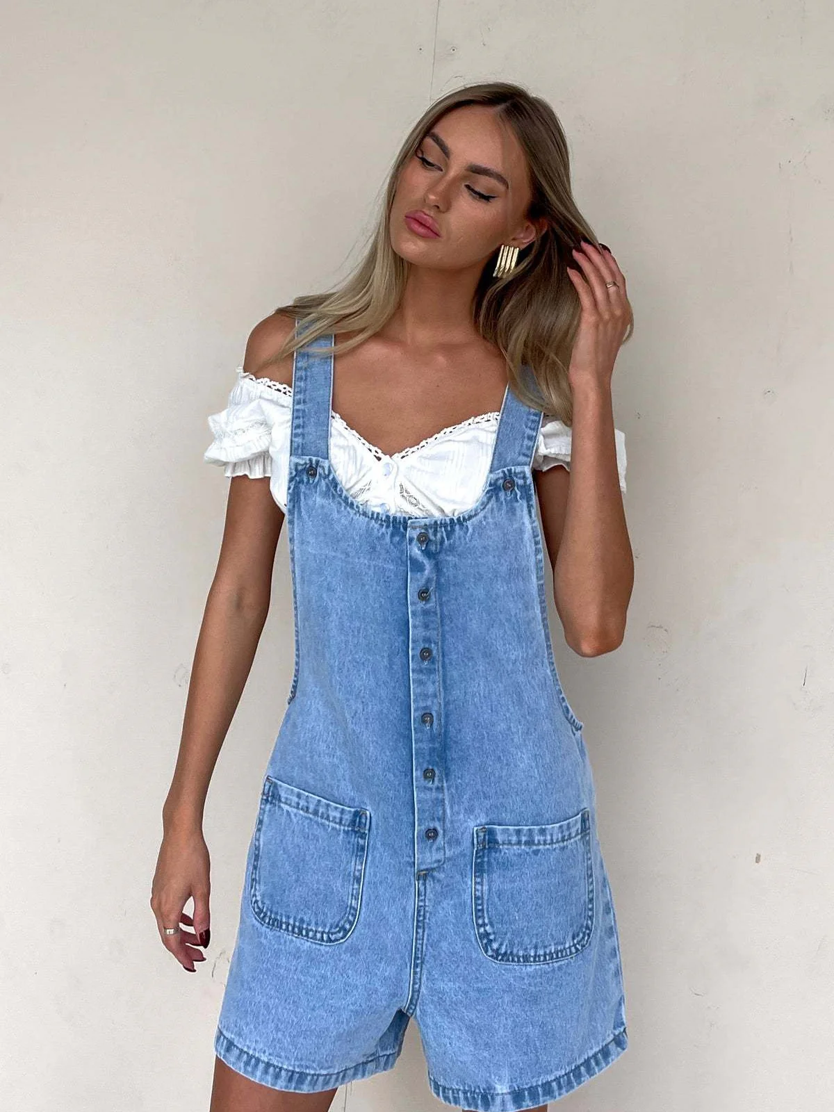 Straight-leg Denim Overalls Shorts - Image 3