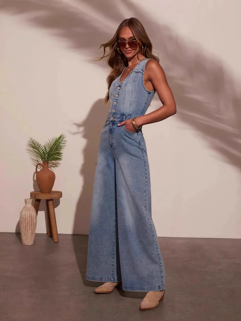 V-neck Sleeveless Denim Jumpsuit Trousers - Image 3