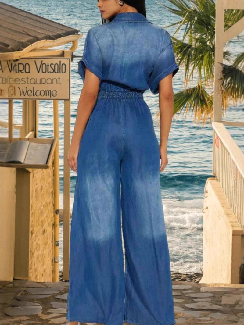 Collared, Fitted Waist, Floor-length Wide-leg Denim Jumpsuit - Image 2