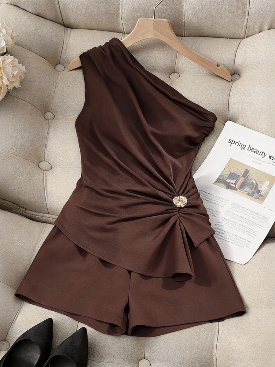 Brown Asymmetrical Off-shoulder Pleated Sleeveless Top And Shorts Two-piece Set - Image 2